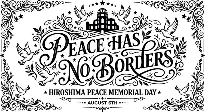 Vintage peace illustration with doves ornate frame and hiroshima peace memorial day text