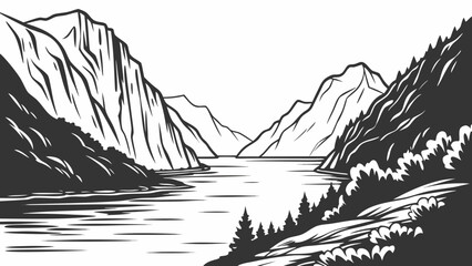 Rugged mountain valley and river landscape line art sketch with mountain © Md