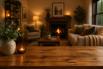 Obraz premium A warm, inviting living room with a fireplace and comfortable seating is viewed from across a wooden table.