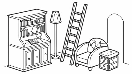 Classic home study or library furniture line art with bookshelf, armchair © Usa