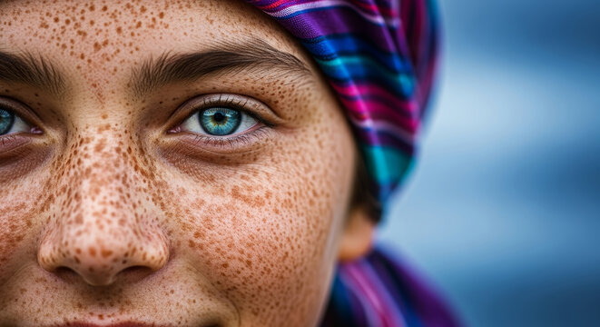 Extreme macro closeup of young woman blue eyes and heavily freckled skin wearing colorful striped headscarf