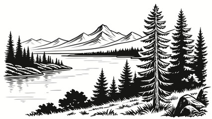 Black and white landscape drawing of serene mountain lake and forest © Usa
