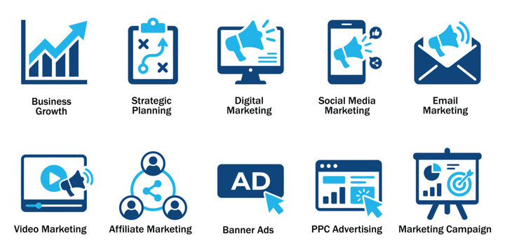 Digital marketing and business promotion solid icon set. Vector illustration of social media advertising megaphone symbol, strategic planning graphics, and online campaign sign on white background.