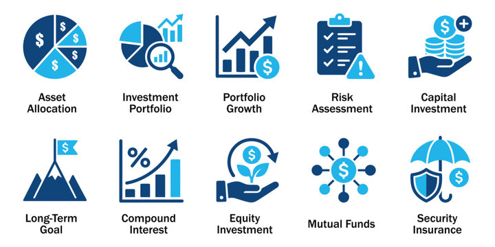 Investment and portfolio management solid icon set. Vector illustration of financial asset allocation pie chart symbol, capital growth graphics, and mutual funds wealth sign on white background.