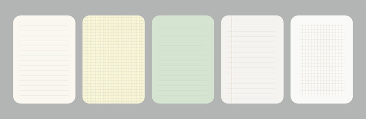 Notebook paper pages and diary sheet template set. Vector illustration of realistic ruled memo pad mockup, grid graph journal background, and stationery card on grey background. © MdNurul