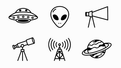 Space Icons: UFO, Alien, Telescope, Planet, Satellite Dish © Wilujeng Graphic