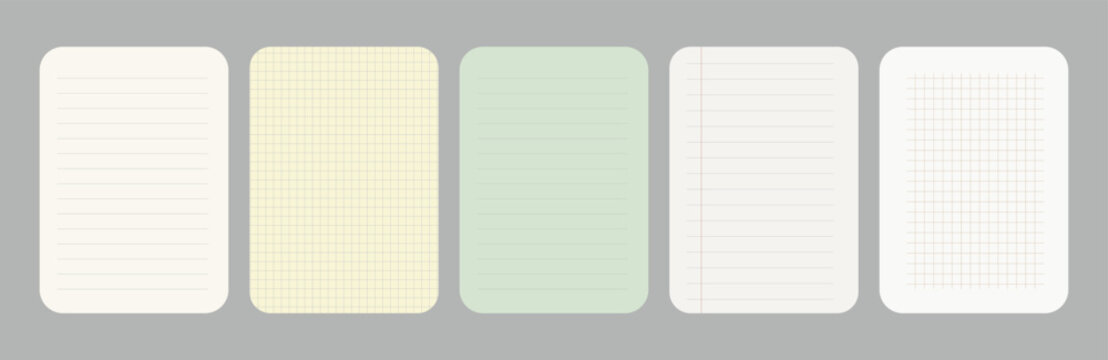 Notebook paper pages and diary sheet template set. Vector illustration of realistic ruled memo pad mockup, grid graph journal background, and stationery card on grey background.
