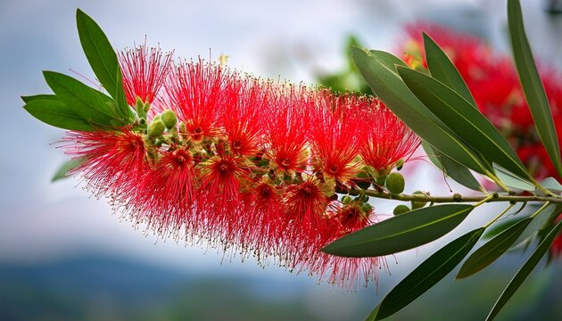vibrant bottlebrush flower spikes display a spectrum of red hues with leaves