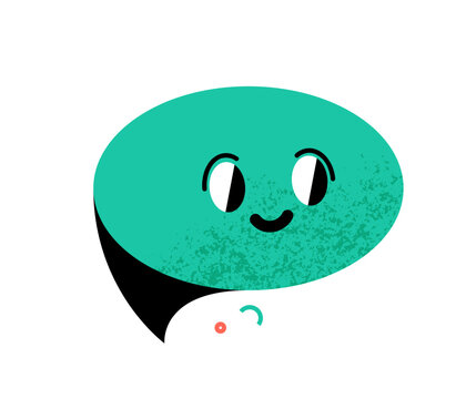 Speech bubble character with friendly smile. Turquoise cute cartoon vector icon with noise texture