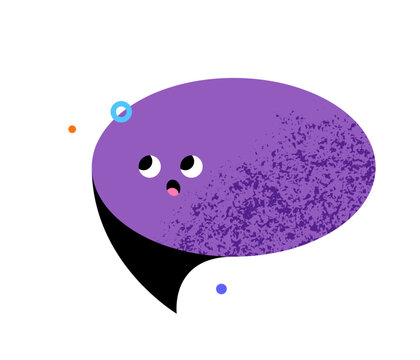 Speech bubble character looking up surprised. Purple cute cartoon vector icon with grain texture