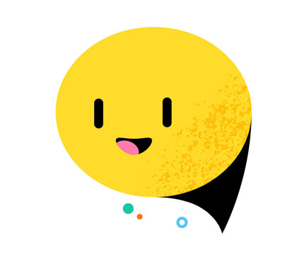 Speech bubble character smiling happily. Yellow cute cartoon vector illustration with noise texture