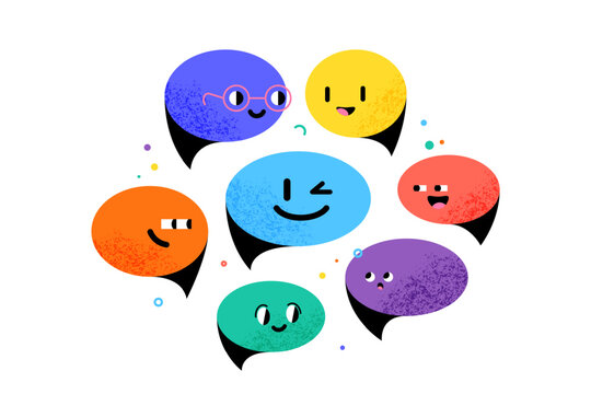 Speech bubble characters with cute happy faces and grain texture on white background. Colorful dialogue cloud bubbles vector illustration for communication, chat, diverse community concept