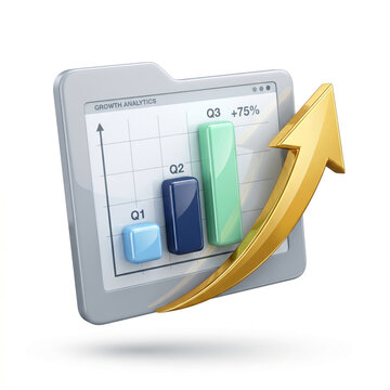 Growth Analytics Folder Icon with Bar Chart and Gold Arrow Showing Business Performance Increase