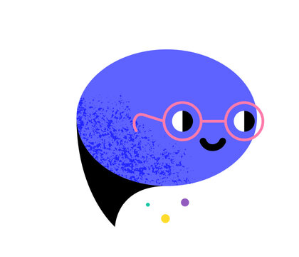 Speech bubble character in glasses. Blue cute cartoon vector icon with noise texture, isolated on white background