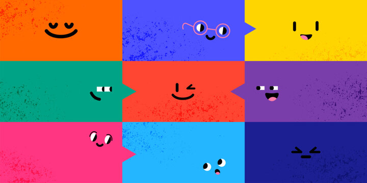 Cute cartoon emoji characters colorful vector background. Abstract faces, geometric puzzle blocks and speech bubbles for social media, community communication, feedback and modern flat design