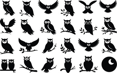 Fototapeta premium Various owl silhouettes set depicting different perching flying and nocturnal postures