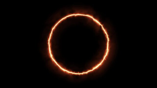 Glowing orange fire ring energy effect on black background, motion circle