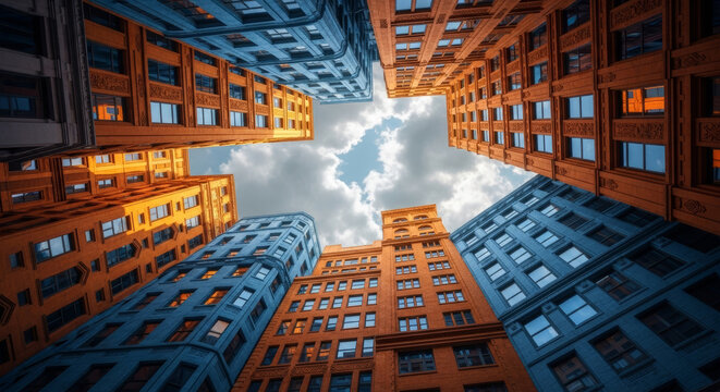 Low angle view looking up at tall urban skyscrapers with dramatic orange blue sky between city buildings