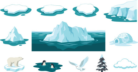 Arctic Iceberg and Polar Landscape Vector Icon Set with Glacier Floes Polar Bear Penguins Snowy Owl and Igloo for Winter Nature Graphic Designs © SARIFA