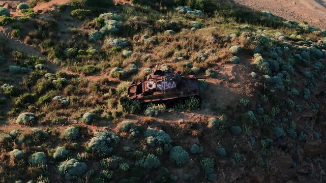 Images of an abandoned war tank and the beach where it was found on the Greek island of Limnos in the Aegean Sea.
