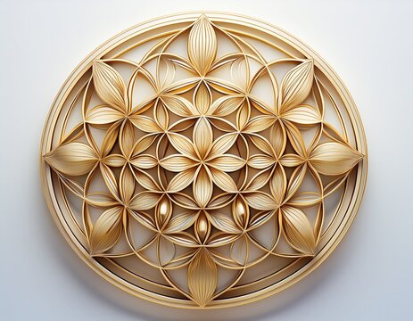 golden flower of life symbol on white background detailed geometric pattern white background