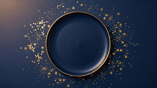 Navy Blue Ceramic Plate with Gold Star Confetti on Dark Background Elegant Festive Table Flatlay
