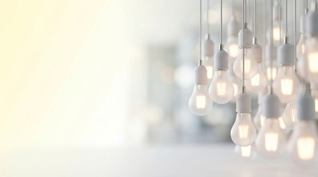 Multiple Hanging Pendant Light Bulbs on Clean White Background Concept of Ideas and Inspiration