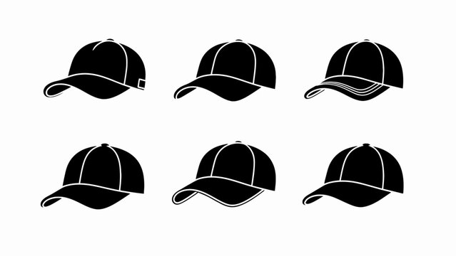Set of Black Baseball Caps Icons on White Background