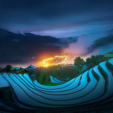 Fog and lights in valley