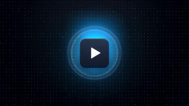 Play button icon with glowing blue circular light effect on dark digital tech background