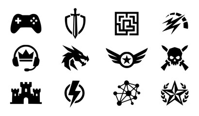 Modern abstract game symbol vector clipart set with minimalist clean outline e-sports gamepad gaming clan crest and tournament logo graphics black and white © Mdsahag