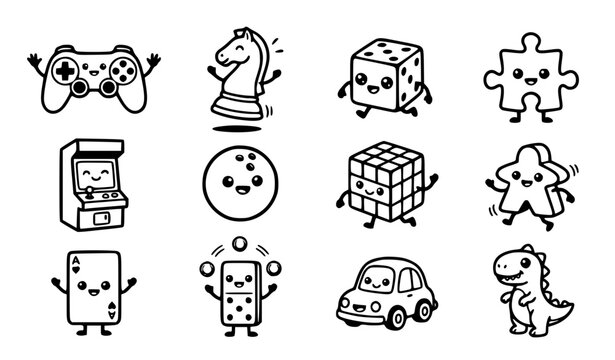 Cute kawaii game character vector set with funny cartoon video game controller and chess piece line art for kids