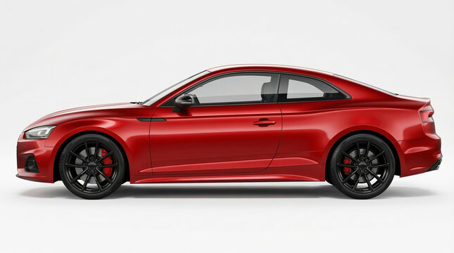 Red Performance Sports Coupe Car Side View Isolated on White Background with Black Sport Wheels