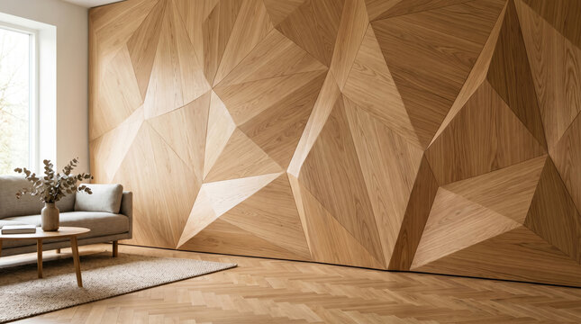 Scandinavian Living Room with Geometric Oak Wood Panel Wall Sofa Coffee Table and Parquet Floor
