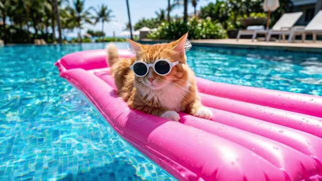 Tracking shot of ginger cat lounging on pink inflatable mattress floating in outdoor resort pool with sunglasses under sunny tropical palms