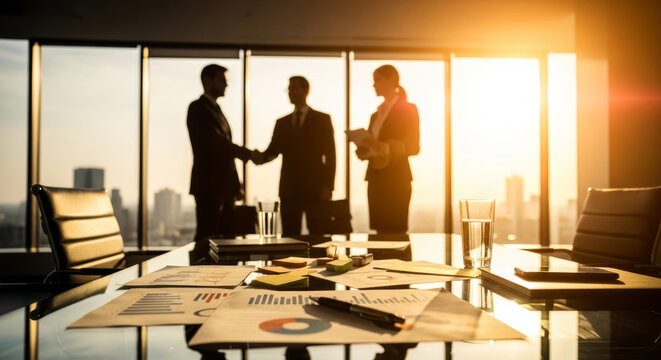 Silhouette of business people handshaking in corporate office with city skyline at golden sunset light
