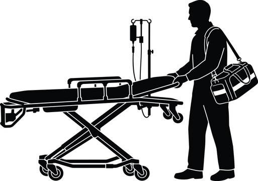 Solid black paramedic silhouette pushing medical stretcher with trauma bag isolated on white minimalist vector illustration artwork