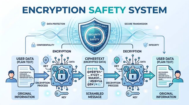 Data encryption safety system infographic illustrating secure processing and decryption.