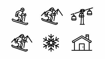 Winter Skiing Icons: Skier, Cable Car, Snowflake & Chalet Line Art © Wilujeng Graphic