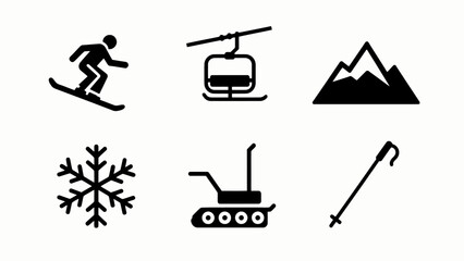 Skiing Icons: Skier, Cable Car, Mountain, Snowflake, Snowcat, Ski Pole © Wilujeng Graphic