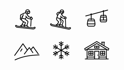 Winter Sports Icons: Skiing, Cable Car, Snowflakes, Mountains, Cabin © Wilujeng Graphic