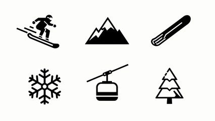 Fototapeta premium Winter Sports Icons: Snowboarder, Mountains, Snowboard, Snowflake, Cable Car, Tree