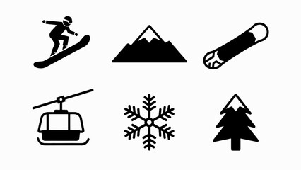 Snowboarding Icons Set: Mountain, Snowboard, Cable Car, Snowflake, Tree © Wilujeng Graphic