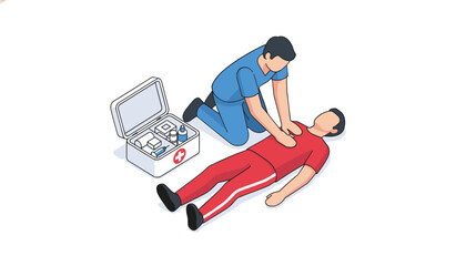 Fototapeta premium Male paramedic performs CPR resuscitation on an unconscious sportsman next to an open first aid medical kit.