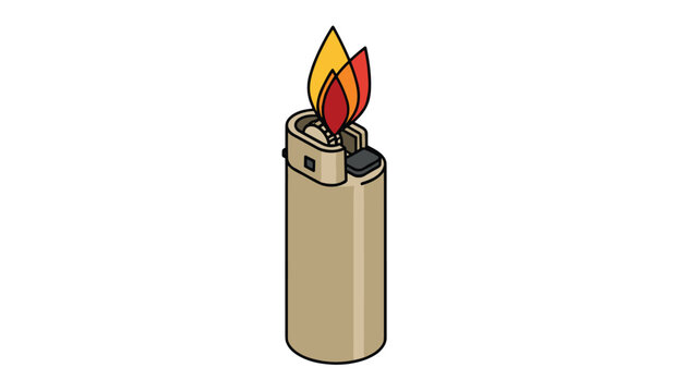 Classic pocket lighter with a bright yellow and red flame burning stands isolated on a plain white background.