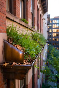 Wild grass and wildflowers growing in a copper rain gutter on a brick building facade. Nature in the city concept. Urban gardening and rooftop greenery integration in architecture.