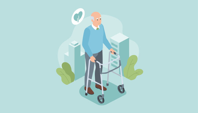 Elderly senior man walks confidently using a metal rolling walker with wheels in a modern urban park setting.