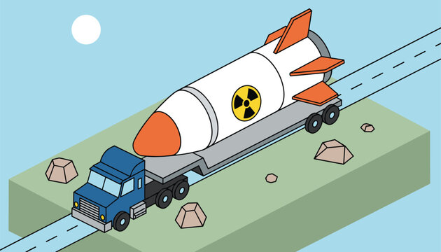 Blue military truck transporting a massive nuclear rocket with a radiation warning symbol on a concrete road.
