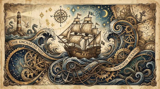 Vintage Nautical Map with Sailing Ship Compass Rose Waves Lighthouse and Anchor Illustration