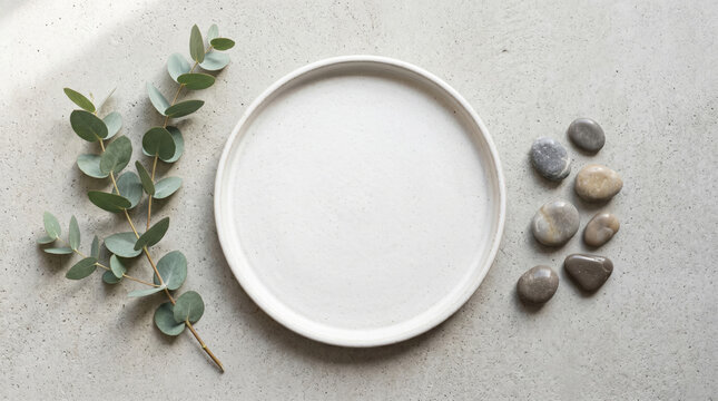 White Ceramic Plate Flatlay with Eucalyptus Branch and Pebble Stones on Concrete Background